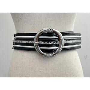 Women's Wide Statement Belt XS Black White Stretch Backing Leather 26"-29" Snake